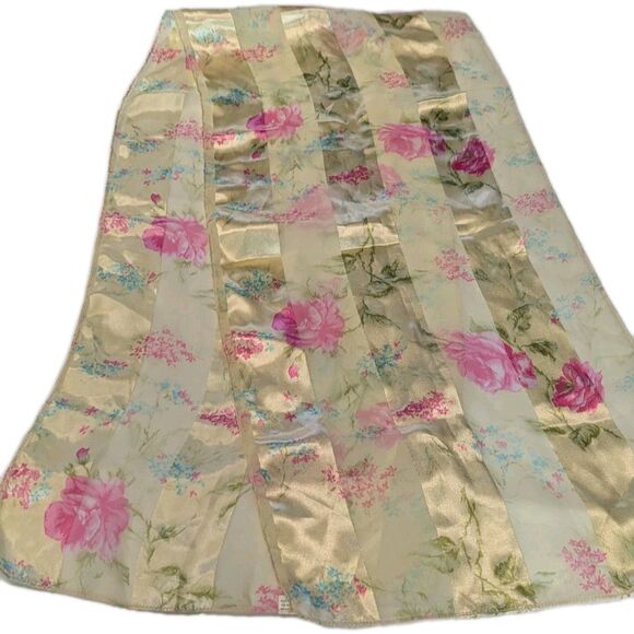 Accessories - Vintage 80s Floral Satin Stripe Scarf Pink Roses Sheer Long Wrap Made in Korea